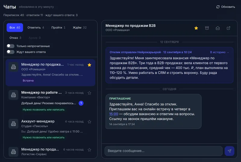 Переписка в кабинете: отклик с письмом, отправленный сервисом, и приглашение работодателя под ним