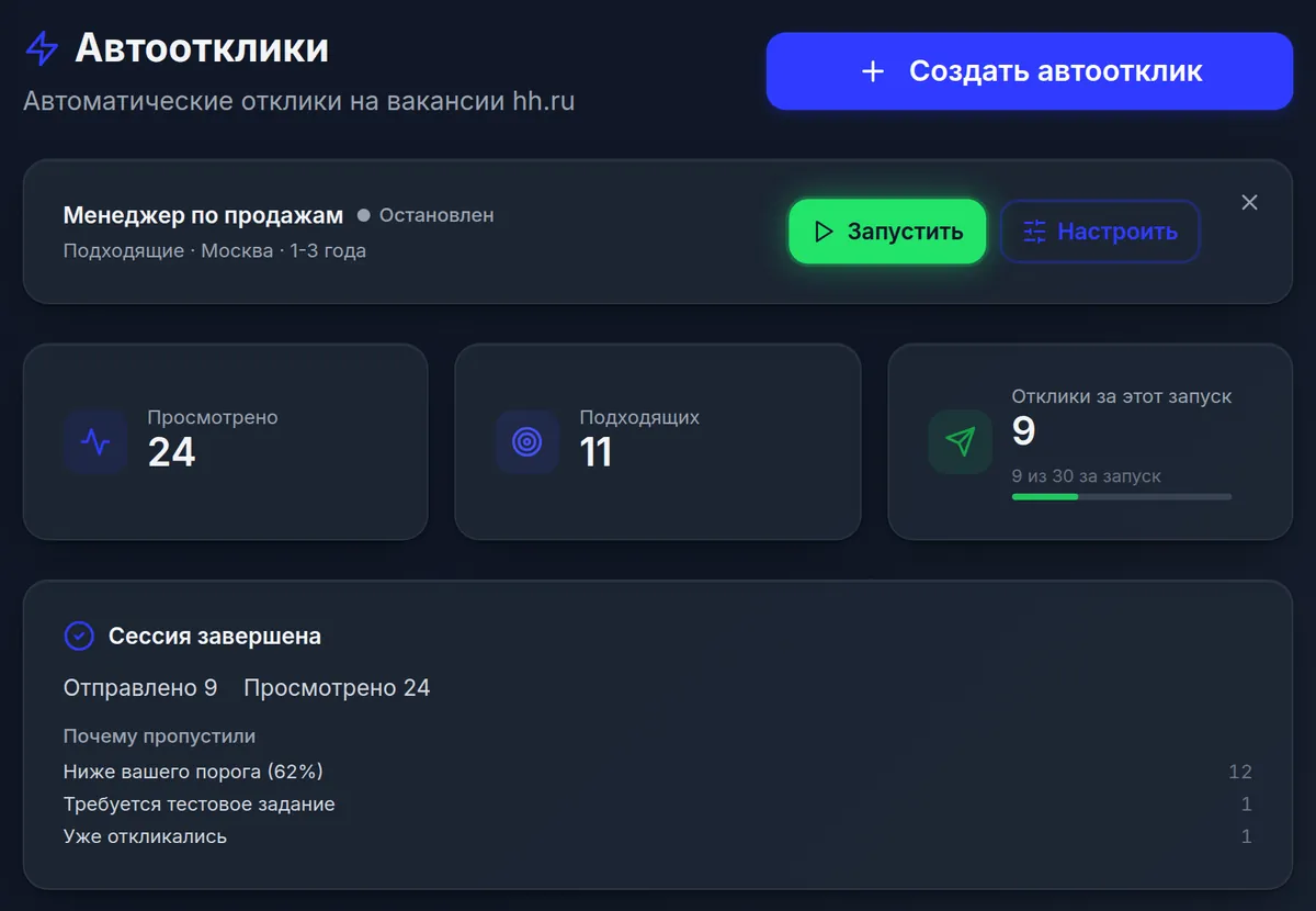 Автоотклики — экран личного кабинета НейроКарьеры