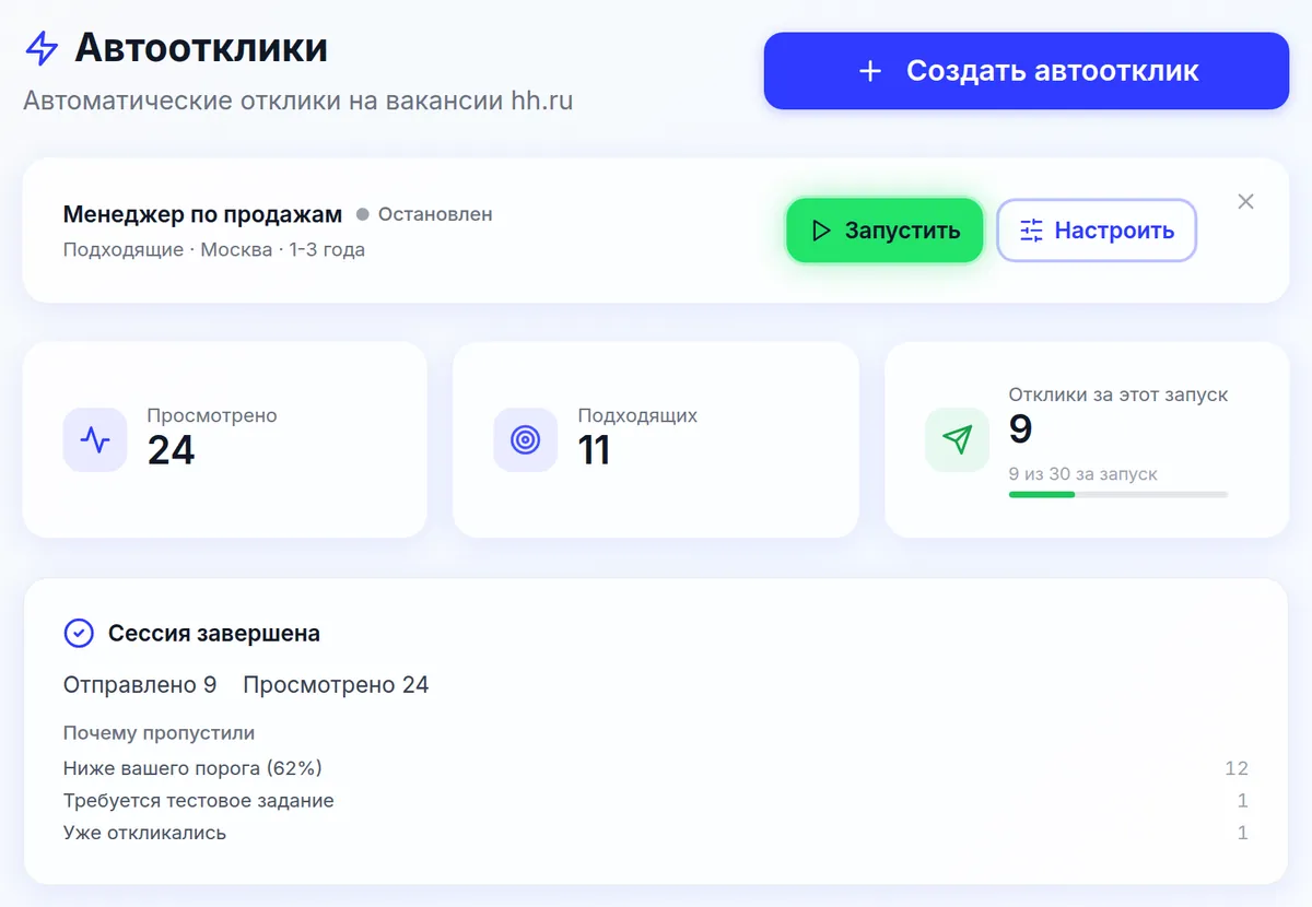 Карточка автоотклика в кабинете: кнопки «Запустить» и «Настроить», счётчики просмотренных и подходящих вакансий, причины пропусков